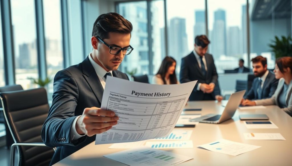 A bank office setting with a diverse group of professionals analyzing a financial report. In the foreground, a focused bank officer, dressed in a smart business suit, closely examines a document labeled "Payment History," highlighting late payment records. The middle ground features a sleek conference table with laptops, data charts, and loan applications spread out. The background shows large windows allowing natural light to flood the room, with modern decor and a city skyline visible outside, creating a busy yet professional atmosphere. The mood is serious and analytical, emphasizing the importance of punctuality in loan approvals. The image captures the essence of a bank's review process regarding late payment records. A bank office setting with a diverse group of professionals analyzing a financial report. In the foreground, a focused bank officer, dressed in a smart business suit, closely examines a document labeled "Payment History," highlighting late payment records. The middle ground features a sleek conference table with laptops, data charts, and loan applications spread out. The background shows large windows allowing natural light to flood the room, with modern decor and a city skyline visible outside, creating a busy yet professional atmosphere. The mood is serious and analytical, emphasizing the importance of punctuality in loan approvals. The image captures the essence of a bank's review process regarding late payment records.