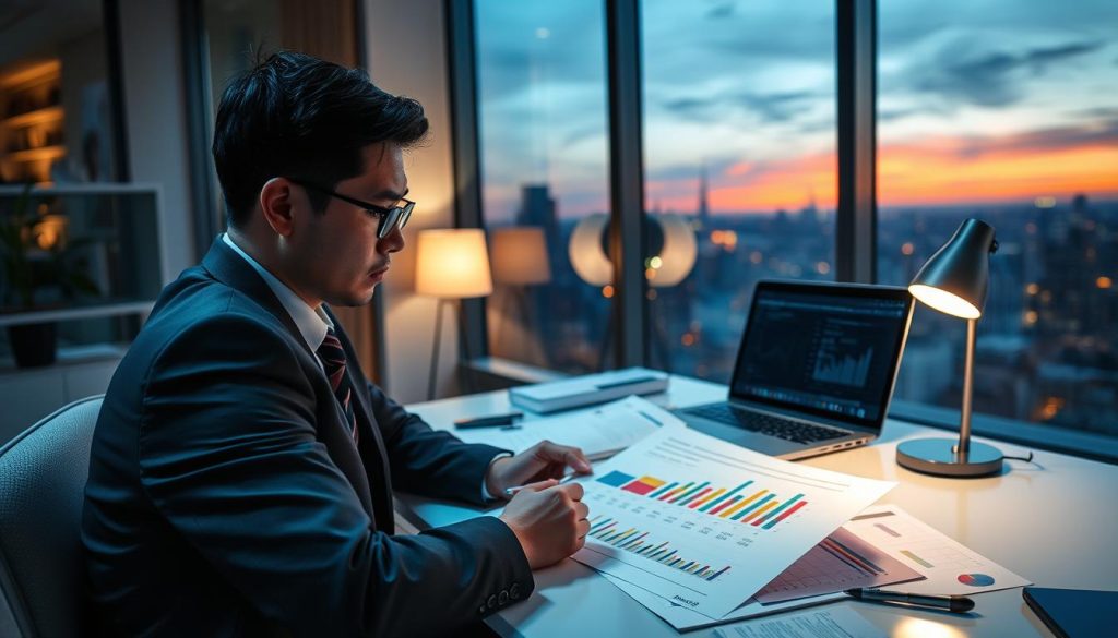 A business analyst in a professional outfit, sitting at a sleek modern desk cluttered with financial documents and a laptop, analyzing a chart that visually represents "聯徵查詢次數" with colorful graphs and numerical data. In the foreground, a focused expression on their face highlights the determination to understand financial risks. The middle layer features a clean workspace with a financial report illuminated by soft, ambient lighting from a table lamp, creating an inviting atmosphere. In the background, a large window reveals a city skyline at dusk, casting a warm glow over the scene. The overall mood is one of intense concentration and professionalism, emphasizing the importance of understanding loan application risks and credit inquiries. A business analyst in a professional outfit, sitting at a sleek modern desk cluttered with financial documents and a laptop, analyzing a chart that visually represents "聯徵查詢次數" with colorful graphs and numerical data. In the foreground, a focused expression on their face highlights the determination to understand financial risks. The middle layer features a clean workspace with a financial report illuminated by soft, ambient lighting from a table lamp, creating an inviting atmosphere. In the background, a large window reveals a city skyline at dusk, casting a warm glow over the scene. The overall mood is one of intense concentration and professionalism, emphasizing the importance of understanding loan application risks and credit inquiries.