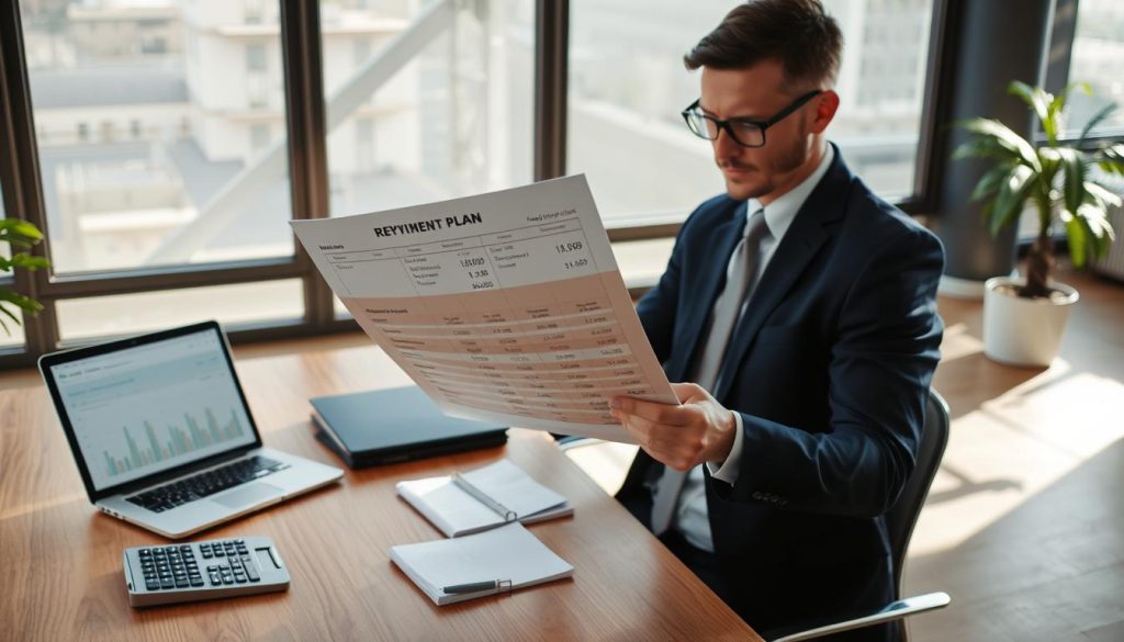 A business professional reviewing a repayment plan document in a modern office setting. In the foreground, a focused individual in business attire examines a detailed chart illustrating financial timelines and repayment strategies. In the middle ground, a wooden desk is adorned with a calculator, a laptop displaying budget spreadsheets, and a notepad filled with notes. The background features a large window with natural light streaming in, casting soft shadows and creating a sense of clarity and positivity. The atmosphere is serious yet hopeful, emphasizing the importance of planning and financial responsibility in borrowing money. The image conveys a sense of diligence and thoughtfulness in managing finances, without any text or distractions.