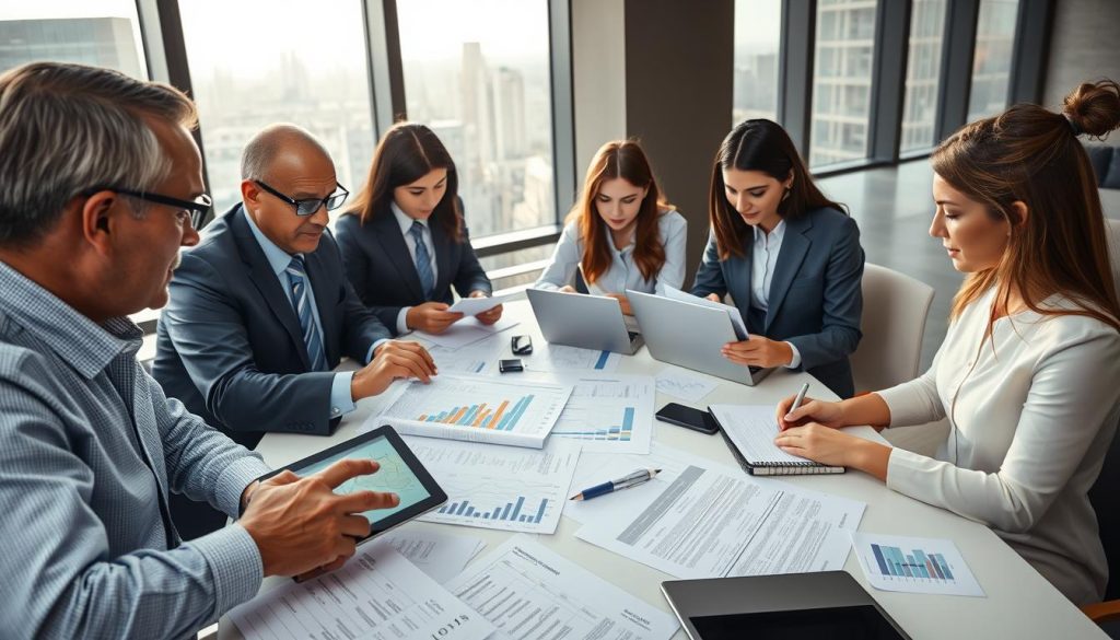 A busy bank office scene focusing on a diverse group of professionals in formal business attire engaged in a discussion around a large table covered with financial documents and digital devices. In the foreground, a middle-aged man with glasses is pointing at a graph on a tablet, illustrating risk management strategies. To the side, a young woman is reviewing loan applications, while another colleague is analyzing data on a laptop. In the background, large windows reveal a city skyline, with soft natural light streaming in, creating an optimistic and focused atmosphere. The overall mood is one of professionalism and collaboration, highlighting the meticulous processes involved in loan approval and risk assessment. The image is well-composed to emphasize both the human interaction and the financial elements involved in banking.