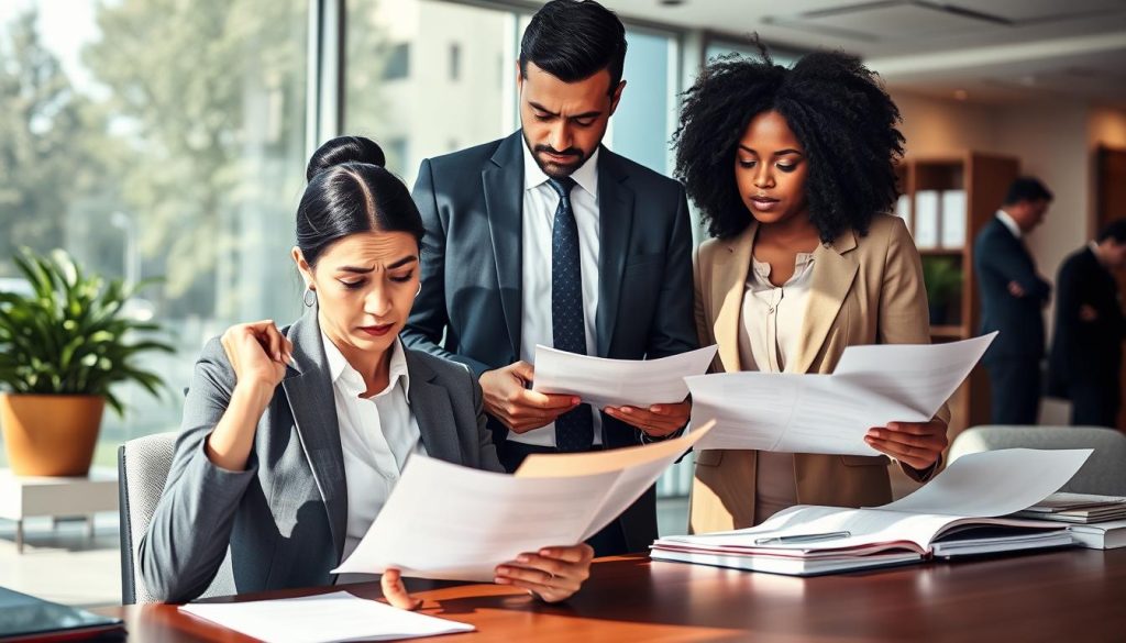 A busy bank office setting, featuring a diverse group of three professional individuals engaged in a discussion about a bank loan application. In the foreground, a woman in formal business attire sits at a desk, reviewing documents with a worried expression, indicating concern over incomplete information. The middle ground includes a male banker in a suit, attentively explaining necessary paperwork with a reassuring demeanor. In the background, a large window allows natural light to flood the room, creating an open and inviting atmosphere. Soft shadows add depth, while the overall color palette leans towards warm tones, conveying a sense of urgency and thoughtful contemplation.
