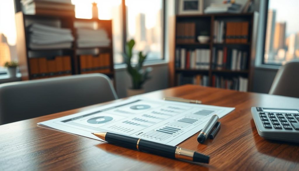 A close-up of a detailed loan record document on a polished wooden desk, showcasing key financial figures and graphs. In the foreground, there are an elegant pen and a calculator, symbolizing careful evaluation. The middle of the image features the open document with prominent figures highlighted, radiating a sense of importance and scrutiny. The background includes a softly blurred office setting with bookshelves filled with financial literature and a window showing a city skyline bathed in warm, natural sunlight. The overall mood is professional and analytical, conveying a serious atmosphere ideal for a financial assessment. Soft, diffused lighting enhances the clarity of the document while emphasizing the subtle textures of the desk and the office environment. A close-up of a detailed loan record document on a polished wooden desk, showcasing key financial figures and graphs. In the foreground, there are an elegant pen and a calculator, symbolizing careful evaluation. The middle of the image features the open document with prominent figures highlighted, radiating a sense of importance and scrutiny. The background includes a softly blurred office setting with bookshelves filled with financial literature and a window showing a city skyline bathed in warm, natural sunlight. The overall mood is professional and analytical, conveying a serious atmosphere ideal for a financial assessment. Soft, diffused lighting enhances the clarity of the document while emphasizing the subtle textures of the desk and the office environment.