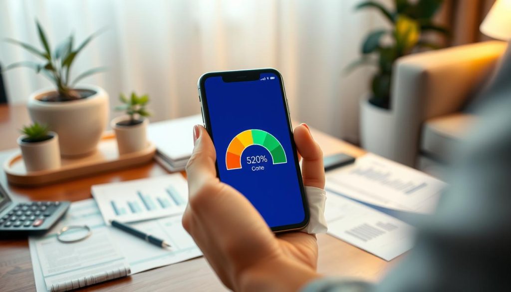 A close-up view of a digital credit score displayed on a smartphone screen, surrounded by financial documents and a calculator on a wooden desk. The smartphone screen showcases a vibrant, colorful graphic of a credit score gauge, indicating a healthy score with shades of green. In the background, softly blurred elements include a cozy living room setting, with potted plants and a warm lamp casting gentle light. The atmosphere is calm and focused, conveying a sense of personal finance management. A hand, dressed in professional casual attire, gently holds the smartphone, emphasizing the importance of understanding credit scores. The lighting is warm and inviting, creating a reassuring mood ideal for a financial discussion.