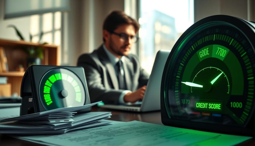A close-up view of a digital credit score meter, prominently displaying a glowing credit score indicator in the green zone, symbolizing a positive credit rating. In the foreground, well-organized financial documents, such as credit reports and loan applications, are neatly arranged to evoke a sense of financial responsibility. In the middle ground, a professional individual in business attire gazes thoughtfully at the screen of a laptop, analyzing their credit information with a focused expression. The background features a modern office environment with soft, natural lighting filtering through a window, casting gentle shadows that create a calm and productive atmosphere. The overall mood is encouraging and hopeful, reflecting the idea that even with a modest income, maintaining a good credit score is attainable and beneficial.