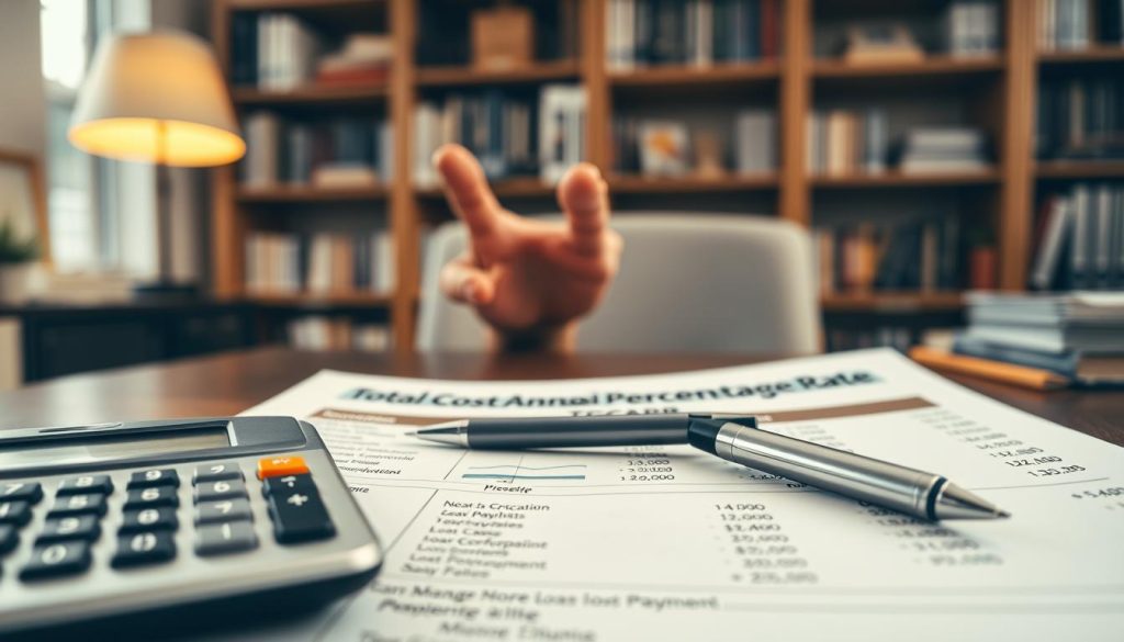 A close-up view of a financial document displaying the "Total Cost Annual Percentage Rate" (TCAPR) with detailed charts and graphs illustrating interest rates, loan payment schedules, and calculations. In the foreground, a professional-looking calculator and a pen lie on top of the document, highlighting the analytical aspect of financial decision-making. In the middle, a blurred hand is gesturing towards the charts, suggesting an engaged discussion about financial literacy. The background features a softly focused office environment with bookshelves filled with financial literature and a warm desk lamp providing a cozy, inviting atmosphere. The scene is illuminated with warm, natural lighting to create a sense of professionalism and calm, with a slight depth of field effect to emphasize the document.