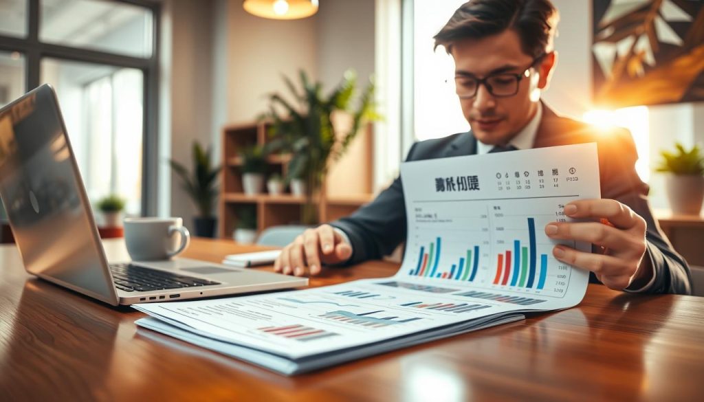 A close-up view of a financial report titled "聯徵報告" prominently displayed on a polished wooden desk in a modern office setting. The report has detailed graphs and numbers reflecting credit history and financial data. In the background, there are soft-focus elements like a sleek laptop, a coffee mug, and potted plants, creating an inviting yet professional atmosphere. Warm natural lighting streams through a nearby window, illuminating the desk. A business professional, wearing a smart suit, is examining the report with a focused expression, suggesting a moment of deliberation on their loan application. The overall mood is serious yet optimistic, emphasizing the importance of understanding credit impacts on loan applications. A close-up view of a financial report titled "聯徵報告" prominently displayed on a polished wooden desk in a modern office setting. The report has detailed graphs and numbers reflecting credit history and financial data. In the background, there are soft-focus elements like a sleek laptop, a coffee mug, and potted plants, creating an inviting yet professional atmosphere. Warm natural lighting streams through a nearby window, illuminating the desk. A business professional, wearing a smart suit, is examining the report with a focused expression, suggesting a moment of deliberation on their loan application. The overall mood is serious yet optimistic, emphasizing the importance of understanding credit impacts on loan applications.