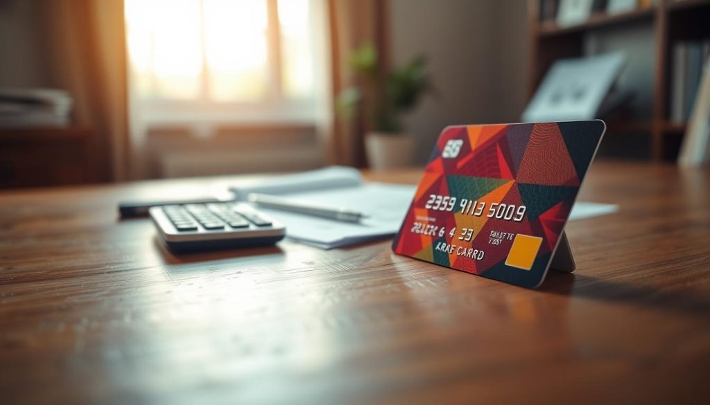 A close-up view of a modern credit card resting on a wooden desk, with a faint reflection on the surface. The card is displayed at an angle, highlighting its glossy finish and intricate design, featuring vibrant colors and symbols that represent financial transactions. In the middle ground, blurred but recognizable are scattered financial documents and a calculator, suggesting an analysis of spending habits. In the background, soft natural light streams through a nearby window, casting a warm glow that creates an inviting atmosphere. The overall mood is one of contemplation and financial awareness, reflecting the risks and reasons associated with high credit card usage. The focus is entirely on the credit card scene, devoid of any text or logos.
