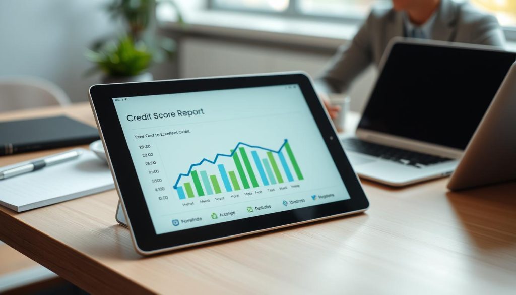 A close-up view of a modern, well-designed credit score report displayed on a sleek, digital tablet. The foreground features the tablet prominently, with an engaging visual graph showing fluctuating scores in vibrant colors like blue and green, suggesting good to excellent credit. In the middle background, there is a soft-focus desk with professional stationery, a cup of coffee, and a modern laptop, indicating a workspace environment. The background should be a blurred office setting with soft natural light coming from a window, creating a calm and professional atmosphere. The overall mood is focused and serious, reflecting the importance of understanding credit scores in financial decision-making. No people are present, ensuring a clean and sophisticated composition.