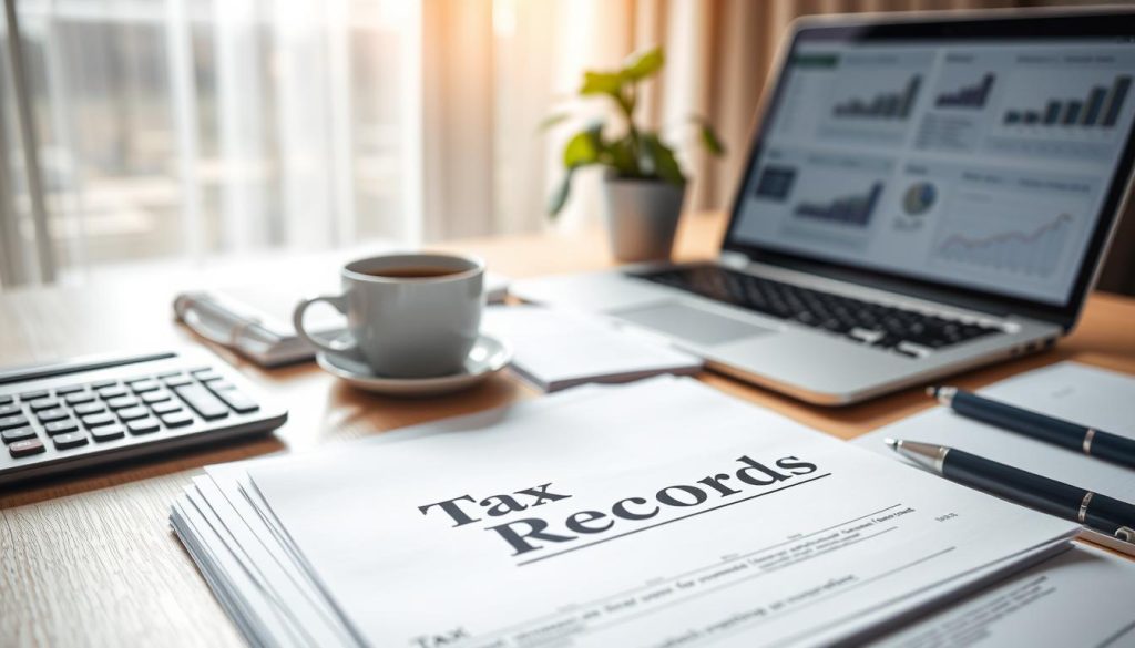 A close-up view of a neatly organized desk, featuring essential items related to tax documentation. In the foreground, a stack of official tax papers with "Tax Records" stamped on the top page, surrounded by a calculator, a pen, and an open laptop displaying financial graphs. The middle layer includes a cup of coffee, a plant for a touch of greenery, and a small notepad with calculations. In the background, a softly blurred out window allowing natural light to flood the scene, creating a warm and inviting atmosphere. The angle is slightly tilted downward, focusing on the desk while ensuring a professional setting, evoking a sense of diligence and organization. The lighting is bright yet soft, emphasizing the seriousness of tax preparation.