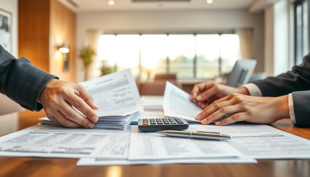 A close-up view of a neatly organized table displaying various loan documents, including forms and informational brochures. In the foreground, a pair of hands, dressed in professional business attire, is sorting through the papers, highlighting key sections. In the middle, the documents are arranged in an aesthetically pleasing way, with a calculator and a sleek pen beside them to indicate financial consideration. The background features a softly blurred office setting with a warm, inviting ambiance, illuminated by natural light streaming through a large window. The overall mood conveys a sense of professionalism and focus, as if preparing for an important financial discussion. A close-up view of a neatly organized table displaying various loan documents, including forms and informational brochures. In the foreground, a pair of hands, dressed in professional business attire, is sorting through the papers, highlighting key sections. In the middle, the documents are arranged in an aesthetically pleasing way, with a calculator and a sleek pen beside them to indicate financial consideration. The background features a softly blurred office setting with a warm, inviting ambiance, illuminated by natural light streaming through a large window. The overall mood conveys a sense of professionalism and focus, as if preparing for an important financial discussion.