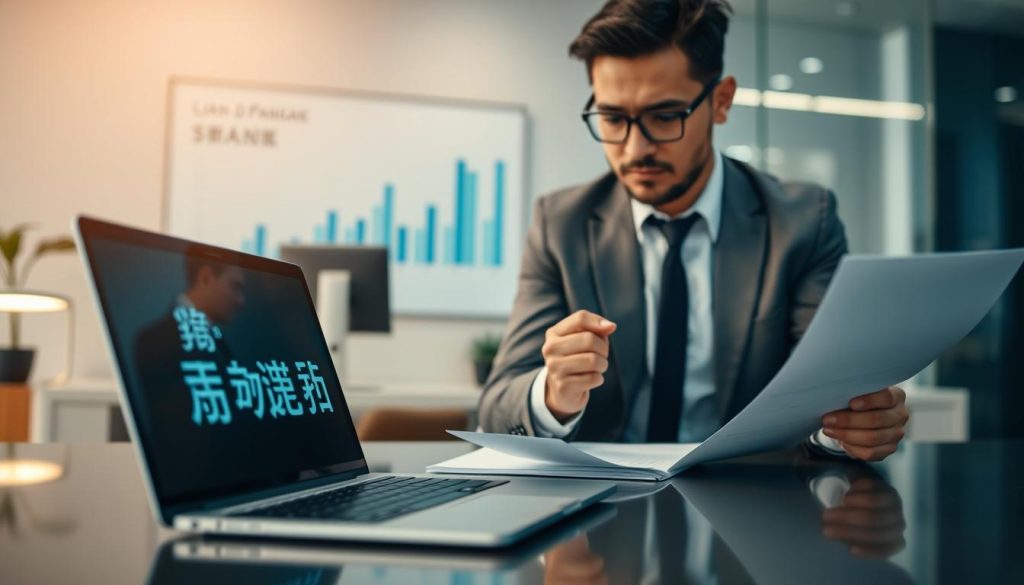 A close-up view of a professional banking environment, featuring a sleek desk with a laptop open to a digital interface displaying "聯徵查詢" prominently. In the foreground, include a confident businessperson in professional attire, examining financial documents with a focused expression. The middle ground showcases a stylish office space with modern decor, soft lighting that creates a warm, inviting atmosphere. Behind the main subjects, abstract charts and graphs are subtly visible on a monitor, emphasizing data analysis and loan processing. The overall mood is serious yet optimistic, reflecting the thoroughness and professionalism of the banking loan approval process. Use a shallow depth of field to create a sense of depth, capturing the essence of diligence and trust in financial services. A close-up view of a professional banking environment, featuring a sleek desk with a laptop open to a digital interface displaying "聯徵查詢" prominently. In the foreground, include a confident businessperson in professional attire, examining financial documents with a focused expression. The middle ground showcases a stylish office space with modern decor, soft lighting that creates a warm, inviting atmosphere. Behind the main subjects, abstract charts and graphs are subtly visible on a monitor, emphasizing data analysis and loan processing. The overall mood is serious yet optimistic, reflecting the thoroughness and professionalism of the banking loan approval process. Use a shallow depth of field to create a sense of depth, capturing the essence of diligence and trust in financial services.
