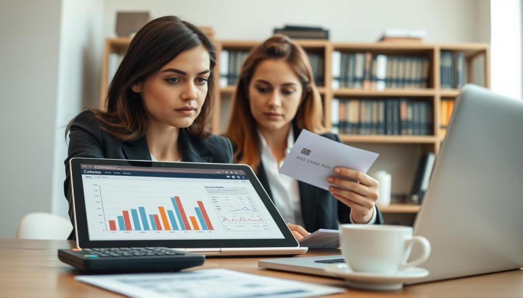 A close-up view of a professional businesswoman analyzing credit card statements, her focused expression conveying seriousness and thoughtfulness. In the foreground, a neatly arranged desk with a laptop displaying bar graphs and financial data, alongside a calculator and a cup of coffee. In the middle, the businesswoman is dressed in a smart blazer, with her hair neatly styled, reflecting a corporate atmosphere. In the background, soft natural light highlights an office setting with shelves filled with books on finance and economics, creating an atmosphere of professionalism and diligence. The overall mood is focused and analytical, emphasizing the theme of effective credit management and financial responsibility.