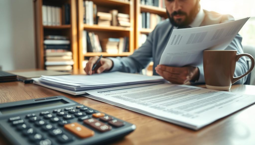 A close-up view of a professional-looking individual analyzing financial documents at a wooden desk. In the foreground, a calculator shows numbers indicating interest rates, while a coffee cup adds a casual touch. The middle ground features a stack of papers labeled with terms like "循环利息" (cyclic interest) and "贷款申请" (loan application), hinting at the subject matter. In the background, a soft-focus bookshelf filled with financial books creates an intellectual atmosphere. Natural light streams through a nearby window, casting a warm glow and creating a productive ambiance. The overall mood is focused, conveying the importance of understanding cyclic interest burdens in financial decision-making. A close-up view of a professional-looking individual analyzing financial documents at a wooden desk. In the foreground, a calculator shows numbers indicating interest rates, while a coffee cup adds a casual touch. The middle ground features a stack of papers labeled with terms like "循环利息" (cyclic interest) and "贷款申请" (loan application), hinting at the subject matter. In the background, a soft-focus bookshelf filled with financial books creates an intellectual atmosphere. Natural light streams through a nearby window, casting a warm glow and creating a productive ambiance. The overall mood is focused, conveying the importance of understanding cyclic interest burdens in financial decision-making.