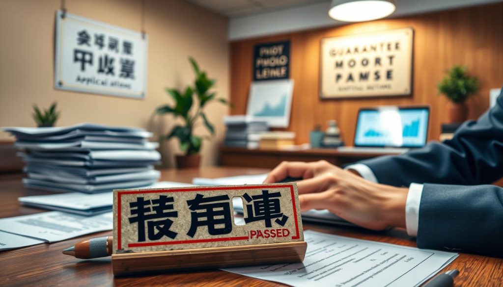 A close-up view of a professional office environment focused on a large, visually striking stamp that reads "保證過件" (Guarantee Passed) in bold letters, placed prominently on a wooden desk covered with papers and documents related to applications. In the foreground, a pair of well-groomed hands in business attire, poised over a pen and a notepad, illustrate decision-making or reflection. In the middle ground, there are stacks of files and an open laptop displaying digital graphs, symbolizing the complex nature of processing applications. The background features a softly lit office with warm tones, a potted plant, and a motivational poster on the wall, creating a serious yet hopeful atmosphere. The light source emphasizes professionalism and diligence while maintaining a clean and organized appearance.