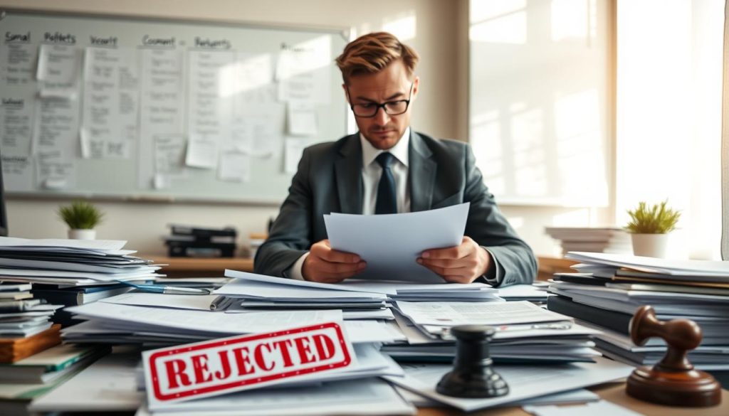 A cluttered office desk in the foreground, filled with documents, forms, and a red stamp that reads "Rejected" prominently displayed. In the middle, a concerned professional, dressed in a smart business suit, reviews a stack of paperwork, their expression reflecting the stress of potential rejections. Soft natural light streams in from a window, casting gentle shadows and creating a contemplative mood. In the background, a whiteboard filled with notes and reminders about document requirements emphasizes the importance of accuracy. The scene conveys a sense of urgency and the potential pitfalls of submitting incomplete or incorrect paperwork, all while maintaining a professional and serious atmosphere. The composition focuses on the interaction between the human figure and the documents to illustrate the risks involved.