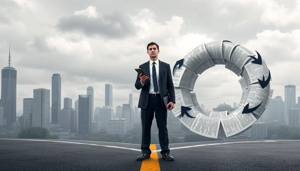A conceptual illustration depicting the theme of "debt cycling" and the risks of "using debt to finance debt." In the foreground, a businessperson in professional attire stands at a crossroads, holding a pile of bills in one hand and a calculator in the other, looking contemplative and stressed. The middle ground features a spiral of spiraling loan documents and contracts, symbolizing the never-ending cycle of borrowing, with arrows pointing in a circular direction. In the background, a city skyline shrouded in overcast skies reflects a somber mood. Soft, diffused lighting casts shadows to enhance the atmosphere of tension and urgency, while a slightly low-angle perspective creates a sense of introspection and depth.