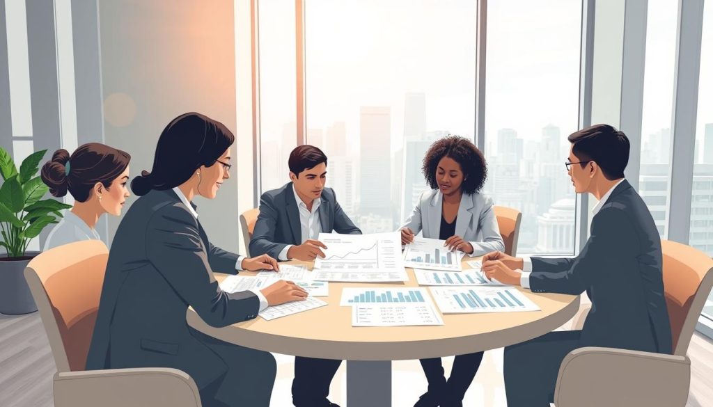A conceptual illustration depicting the theme of income stability and disposable income. In the foreground, a diverse group of professionals, dressed in smart business attire, sit at a round table, engaged in a discussion. They analyze financial documents with graphs showing upward trends. In the middle ground, detailed charts and statistics are visible, representing stable income sources and increasing disposable income. The background features a modern office skyline through a large window, with natural light streaming in, creating a bright and optimistic atmosphere. The setting should convey a sense of professionalism, collaboration, and financial growth. The mood is focused and informative, capturing the essence of important financial discussions.