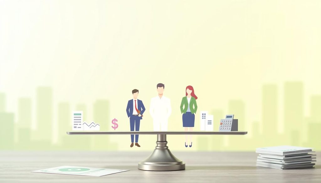 A conceptual illustration focusing on the theme of "credit limits" and "loan qualifications." In the foreground, feature a digital representation of a stylized scale or balance, symbolizing the weighing of factors influencing loan amounts, such as financial documents and calculators. In the middle, include abstract icons or symbols representing different demographics that might seek small loans, like small business owners, students, and families, depicted in professional attire. The background should have a gradient of soft greens and blues, suggesting a financial environment, with faint outlines of urban buildings to imply economic activity. Utilize soft lighting to create a calm, professional atmosphere, while giving the scene a slight depth with a moderate depth of field, emphasizing the foreground elements. A conceptual illustration focusing on the theme of "credit limits" and "loan qualifications." In the foreground, feature a digital representation of a stylized scale or balance, symbolizing the weighing of factors influencing loan amounts, such as financial documents and calculators. In the middle, include abstract icons or symbols representing different demographics that might seek small loans, like small business owners, students, and families, depicted in professional attire. The background should have a gradient of soft greens and blues, suggesting a financial environment, with faint outlines of urban buildings to imply economic activity. Utilize soft lighting to create a calm, professional atmosphere, while giving the scene a slight depth with a moderate depth of field, emphasizing the foreground elements.