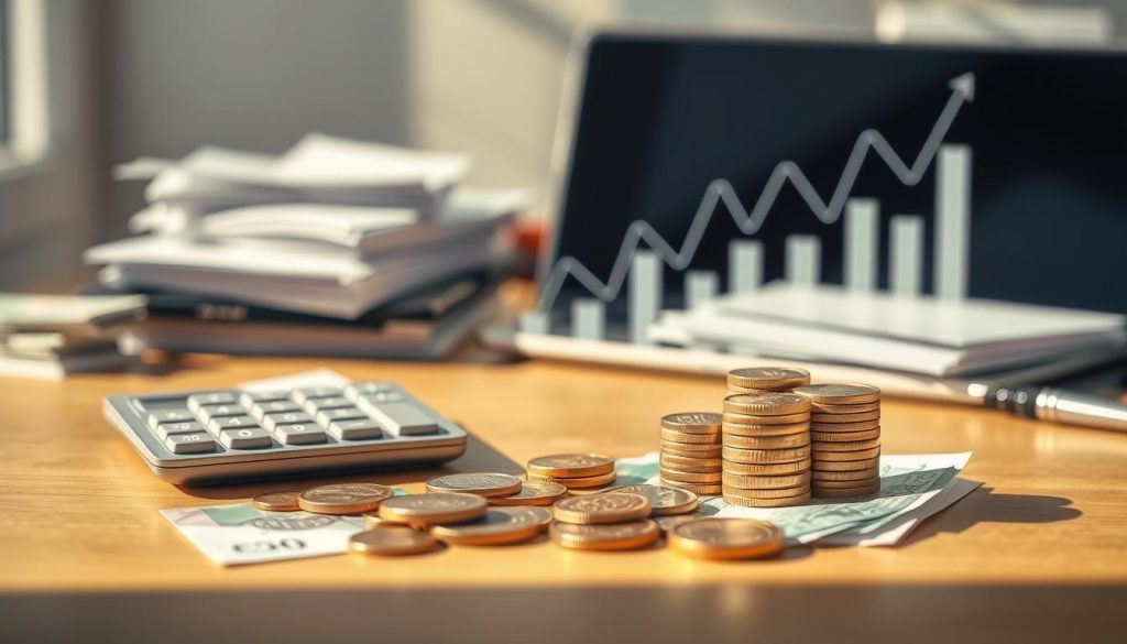 A conceptual illustration of "real annual interest rates" represented visually. In the foreground, a set of diverse currency notes and coins are arranged on a wooden desk, symbolizing financial transactions. In the middle ground, a sleek calculator displays interest rate calculations, hinting at numerical analysis. Behind it, an abstract graph with fluctuating lines and bar charts elegantly demonstrates interest rate trends, showcasing potential financial volatility. The background features blurred office elements, like stacks of documents and a laptop, creating a professional atmosphere. Soft, natural lighting highlights the scene, casting gentle shadows that evoke a sense of clarity and caution. Overall, the mood is serious and insightful, reflecting the hidden risks associated with rates and costs in non-bank loans.