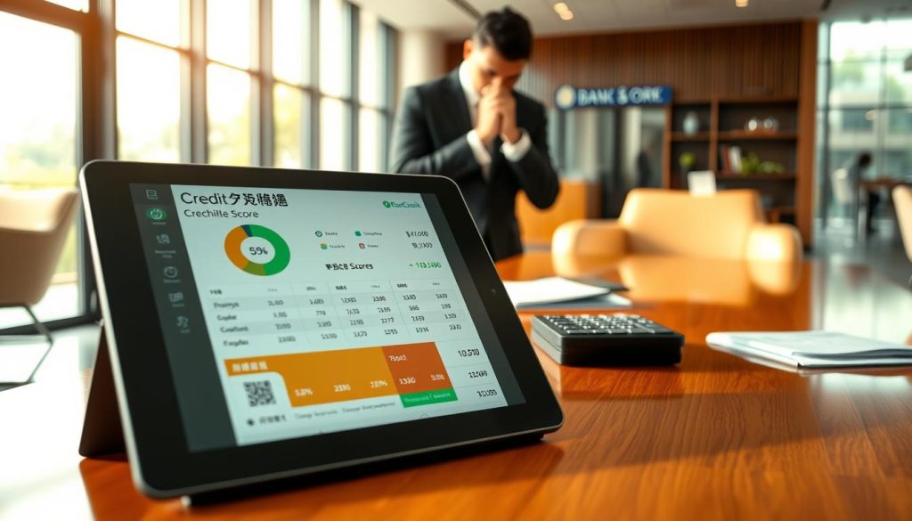 A conceptual image illustrating "信用評分" (credit scoring) in a modern banking environment. In the foreground, a close-up of a digital credit score report displayed on a tablet, showing various metrics and a score prominently highlighted in green. The middle ground features a professional person in business attire, thoughtfully analyzing the report, with a calculator and financial documents scattered on a polished wooden desk. The background showcases a stylish bank office environment with sleek furniture and large windows letting in natural light, creating a bright and optimistic atmosphere. The lighting is warm and inviting, slightly softening the edges to enhance focus on the tablet and the individual.