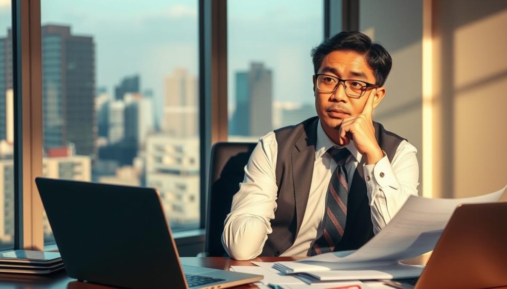 A concerned business professional, dressed in smart business attire, sitting at a modern desk cluttered with financial documents and a laptop. The individual, of Asian descent with a thoughtful expression, is contemplating a decision regarding a loan application. In the background, a window provides soft, natural light, casting shadows that create a serious yet hopeful atmosphere. The background features a cityscape, hinting at financial institutions, symbolizing opportunity and risk. The composition captures a moment of reflection, with warm tones and clear focus on the subject, emphasizing the dilemma of loan application after late payments. The image evokes a sense of introspection and determination, framed with a slightly blurred background to highlight the subject’s emotional state. A concerned business professional, dressed in smart business attire, sitting at a modern desk cluttered with financial documents and a laptop. The individual, of Asian descent with a thoughtful expression, is contemplating a decision regarding a loan application. In the background, a window provides soft, natural light, casting shadows that create a serious yet hopeful atmosphere. The background features a cityscape, hinting at financial institutions, symbolizing opportunity and risk. The composition captures a moment of reflection, with warm tones and clear focus on the subject, emphasizing the dilemma of loan application after late payments. The image evokes a sense of introspection and determination, framed with a slightly blurred background to highlight the subject’s emotional state.