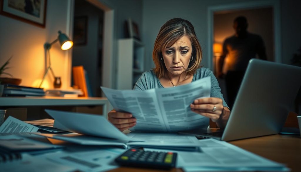 A concerned housewife sitting at a home desk, surrounded by documents and a laptop, looking perplexed as she reads a suspicious loan offer. In the foreground, scattered loan brochures and a calculator hint at financial stress. In the middle ground, a soft light casts a warm glow, illuminating her face, showing anxiety and determination. In the background, a shadowy figure looms subtly, representing the concept of deceit in loan scams, suggesting unease. The color palette is muted with shades of blue and gray to evoke tension and seriousness. The scene captures the atmosphere of uncertainty and the critical moment of discernment, emphasizing the importance of vigilance against fraud. The overall mood is intense yet focused, highlighting the importance of awareness and caution.