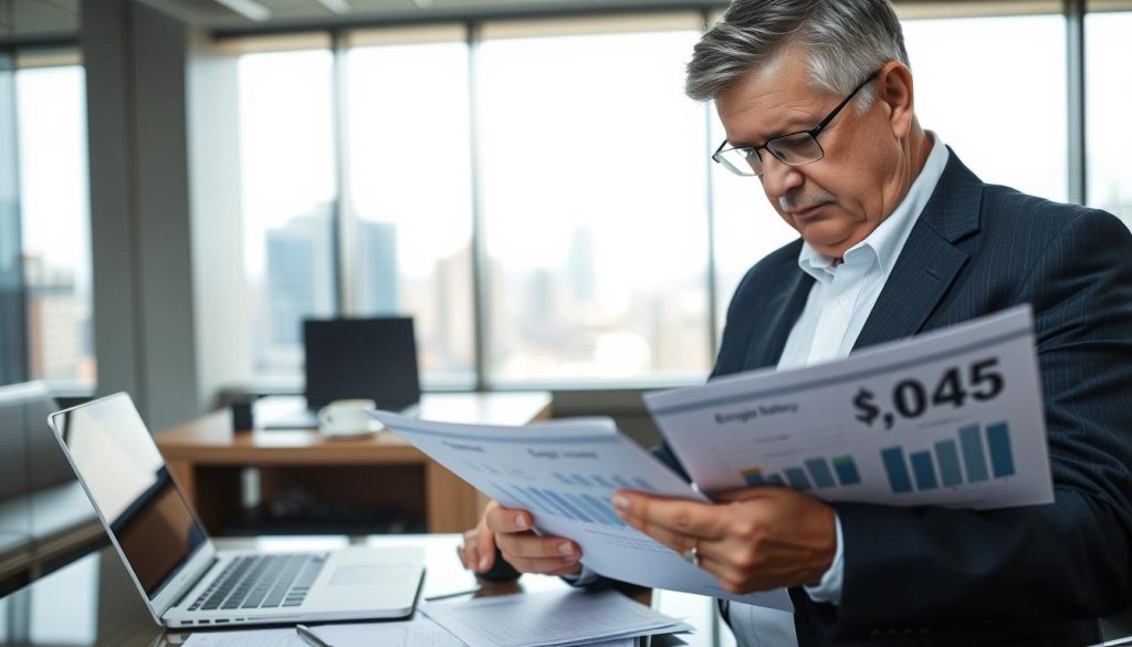 A contemporary bank office setting, focusing on a professional reviewing a loan application. In the foreground, a middle-aged individual with a focused expression, dressed in formal business attire, analyzing various documents related to employment history and financial stability. The documents display charts and figures symbolizing tenure and income, but without any identifying information. In the middle ground, a modern desk with a laptop, paperwork neatly organized, and a coffee cup. The background features a large window overlooking a cityscape, with soft, natural daylight filtering in. The atmosphere is serious yet optimistic, emphasizing the meticulous nature of the loan approval process, with a depth of field that softly blurs the background while keeping the subject clear and in focus.