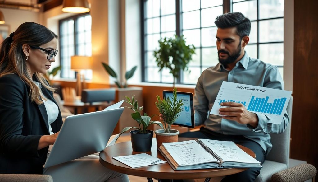 A cozy, well-lit office environment with a modern aesthetic, showcasing a diverse group of three professionals engaged in a discussion around a small table. In the foreground, a woman in smart business attire, using a laptop, analyzes financial documents, while a man in a business casual shirt points to a chart on a tablet displaying loan statistics. The middle of the image features a decorative indoor plant and a notepad filled with notes about short-term loans. In the background, large windows allow natural light to enhance the ambiance, providing a warm, inviting atmosphere. The image conveys a sense of collaboration and focus on financial decision-making, with a slight depth of field to emphasize the professionals. A cozy, well-lit office environment with a modern aesthetic, showcasing a diverse group of three professionals engaged in a discussion around a small table. In the foreground, a woman in smart business attire, using a laptop, analyzes financial documents, while a man in a business casual shirt points to a chart on a tablet displaying loan statistics. The middle of the image features a decorative indoor plant and a notepad filled with notes about short-term loans. In the background, large windows allow natural light to enhance the ambiance, providing a warm, inviting atmosphere. The image conveys a sense of collaboration and focus on financial decision-making, with a slight depth of field to emphasize the professionals.