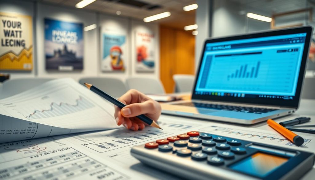A detailed and informative scene illustrating "interest rate calculation" in the context of microloans. In the foreground, a calculator with financial documents filled with graphs and numbers. Beside it, a hand holding a pencil, poised to make annotations. In the middle ground, a sleek laptop displaying an online financial tool, glowing softly with blue light. The background showcases a modern office environment with motivational financial posters on the walls. The overall lighting is bright and professional, with a slight focus on the calculator, creating a sense of clarity and precision. The atmosphere feels analytical and dedicated, perfect for exploring financial literacy, with no human subjects present. A detailed and informative scene illustrating "interest rate calculation" in the context of microloans. In the foreground, a calculator with financial documents filled with graphs and numbers. Beside it, a hand holding a pencil, poised to make annotations. In the middle ground, a sleek laptop displaying an online financial tool, glowing softly with blue light. The background showcases a modern office environment with motivational financial posters on the walls. The overall lighting is bright and professional, with a slight focus on the calculator, creating a sense of clarity and precision. The atmosphere feels analytical and dedicated, perfect for exploring financial literacy, with no human subjects present.