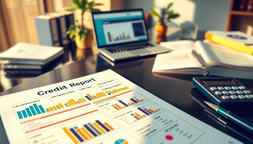 A detailed and professional illustration of a "Credit Report" document with a focus on its visual components. In the foreground, display a neatly organized credit report with highlighted sections indicating late payment history, featuring charts and graphs reflecting credit scores and payment timelines. In the middle, depict a modern office environment, with a polished desk, a laptop open to a banking interface, and a calculator. In the background, incorporate soft focus imagery of financial books and a plant for a fresh touch. Utilize warm, natural lighting to create a welcoming atmosphere. The angle should be slightly above the desk level, capturing the essence of financial analysis. Overall, the image should convey professionalism, trust, and diligence in financial management.