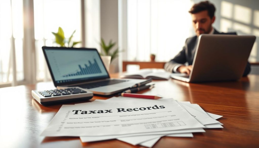 A detailed and realistic scene depicting a modern office environment focused on tax records. In the foreground, a set of neatly organized documents labeled "Tax Records" is spread across a polished wooden desk, with a calculator and a laptop open displaying financial charts. The middle layer features a professional individual in business attire, concentrating as they review the documents. The background reveals a large window with bright, natural daylight spilling into the room, illuminating the space and creating a productive atmosphere. Soft shadows play on the walls, enhancing the sense of depth. The mood is focused and optimistic, symbolizing financial security and growth, emphasizing the importance of maintaining good tax records for future financial stability.