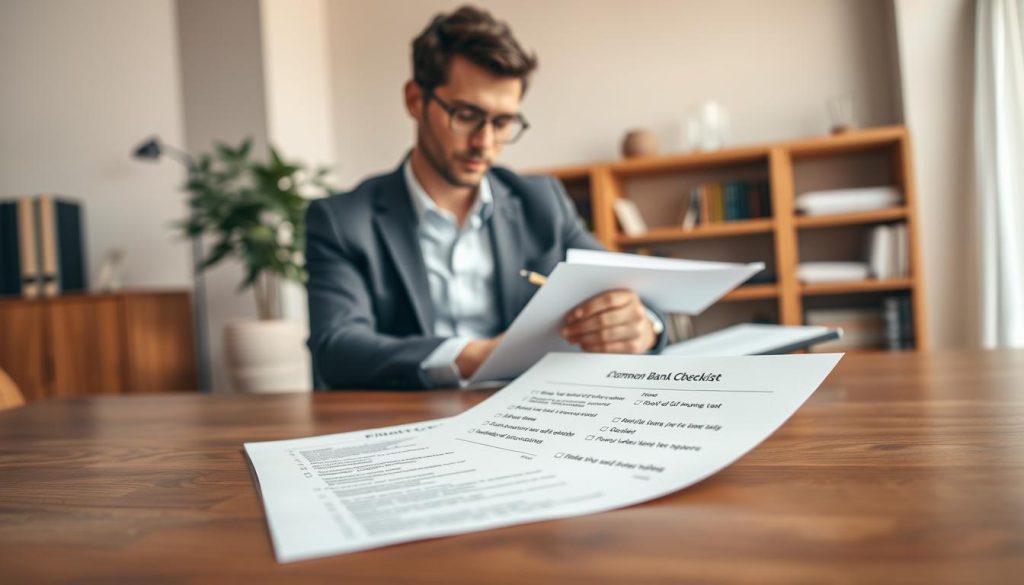 A detailed checklist of common bank loan documents required for an application, elegantly laid out on a wooden desk. In the foreground, a neatly arranged list featuring items such as proof of income, tax returns, bank statements, and identification papers, all printed on a crisp white sheet. In the middle, a stylish business professional, dressed in formal attire, thoughtfully reviewing the documents with a pen in hand, reflecting a serious yet hopeful demeanor. The background showcases a warm, softly lit office environment with a potted plant and a bookshelf filled with financial books, contributing to a focused and professional atmosphere. Soft, diffused lighting enhances the scene, creating a sense of clarity and purpose, while a subtle depth of field emphasizes the checklist as the central focus of the image.