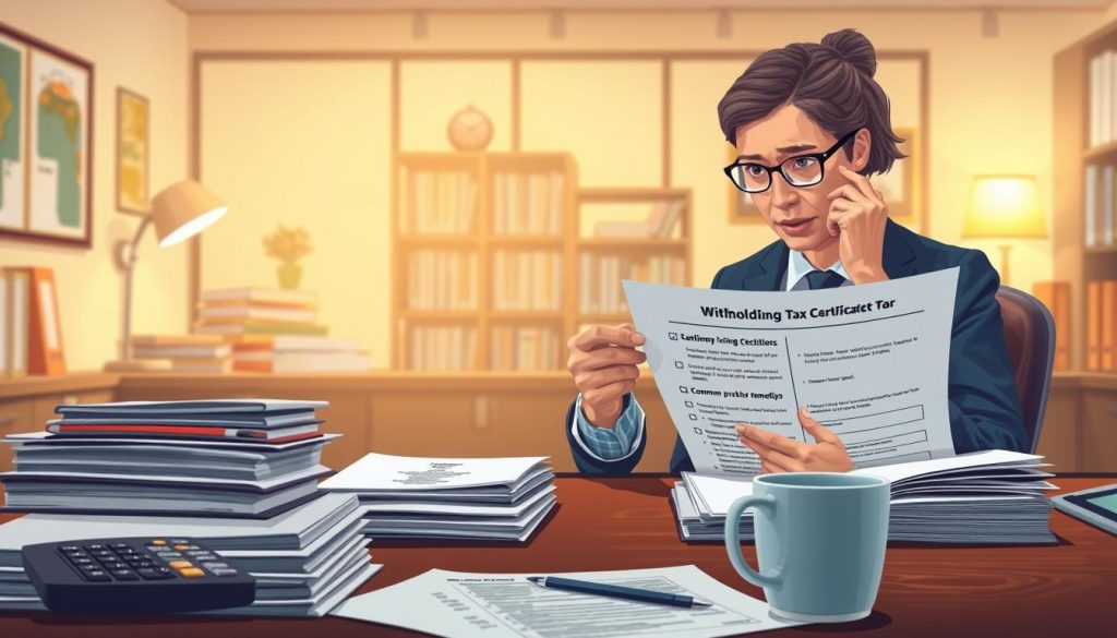 A detailed illustration depicting common issues leading to the rejection of withholding tax certificates, along with suggested solutions. In the foreground, showcase a desk with neatly stacked documents, a calculator, and a cup of coffee, symbolizing a tax professional's workspace. The middle ground features a concerned businessperson in professional attire, reviewing a rejection notice with a thoughtful expression, while pointing at a checklist of common problems and remedies on the desk. In the background, a softly lit office environment is visible with bookshelves and office supplies, creating an atmosphere of professionalism and diligence. The lighting is warm and inviting, suggesting an air of resolution and support in addressing these tax issues. The overall mood is analytical yet hopeful, emphasizing the importance of understanding and resolving tax certificate challenges. A detailed illustration depicting common issues leading to the rejection of withholding tax certificates, along with suggested solutions. In the foreground, showcase a desk with neatly stacked documents, a calculator, and a cup of coffee, symbolizing a tax professional's workspace. The middle ground features a concerned businessperson in professional attire, reviewing a rejection notice with a thoughtful expression, while pointing at a checklist of common problems and remedies on the desk. In the background, a softly lit office environment is visible with bookshelves and office supplies, creating an atmosphere of professionalism and diligence. The lighting is warm and inviting, suggesting an air of resolution and support in addressing these tax issues. The overall mood is analytical yet hopeful, emphasizing the importance of understanding and resolving tax certificate challenges.