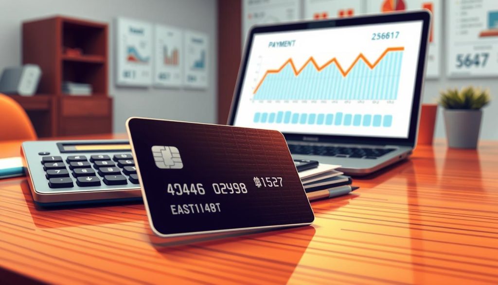 A detailed illustration depicting the concept of "最低應繳額," featuring a close-up view of a credit card on a polished wooden desk. In the foreground, the card is partially obscured by a sleek calculator and a notepad filled with financial notes, symbolizing careful budgeting. In the middle ground, a laptop displays a graph showing payment trends and interest rates, emphasizing financial analytics. The background portrays a softly lit office space with blurred financial charts on the wall, conveying a professional atmosphere. The lighting is warm and inviting, highlighting the seriousness of financial planning while maintaining a calm mood, with a focus on organized and clear visuals, ensuring the scene feels approachable yet informative. No text or branding is present.