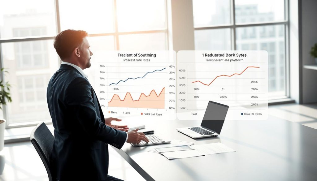 A detailed illustration depicting the differences in interest rates and fee structures between traditional bank loans and matching platforms. In the foreground, a professional-looking business person, dressed in smart business attire, analyses two contrasting charts: one representing a bank loan with fluctuating interest rates and hidden fees, and the other showing a matching platform with transparent, stable rates. In the middle ground, these charts are set on a sleek, modern desk with a laptop and financial documents. The background showcases a contemporary office environment, bathed in bright, natural light filtering through large windows, creating a sense of clarity and focus. The overall mood is one of professionalism and insight, inviting viewers to explore the intricacies of financial decisions. A detailed illustration depicting the differences in interest rates and fee structures between traditional bank loans and matching platforms. In the foreground, a professional-looking business person, dressed in smart business attire, analyses two contrasting charts: one representing a bank loan with fluctuating interest rates and hidden fees, and the other showing a matching platform with transparent, stable rates. In the middle ground, these charts are set on a sleek, modern desk with a laptop and financial documents. The background showcases a contemporary office environment, bathed in bright, natural light filtering through large windows, creating a sense of clarity and focus. The overall mood is one of professionalism and insight, inviting viewers to explore the intricacies of financial decisions.