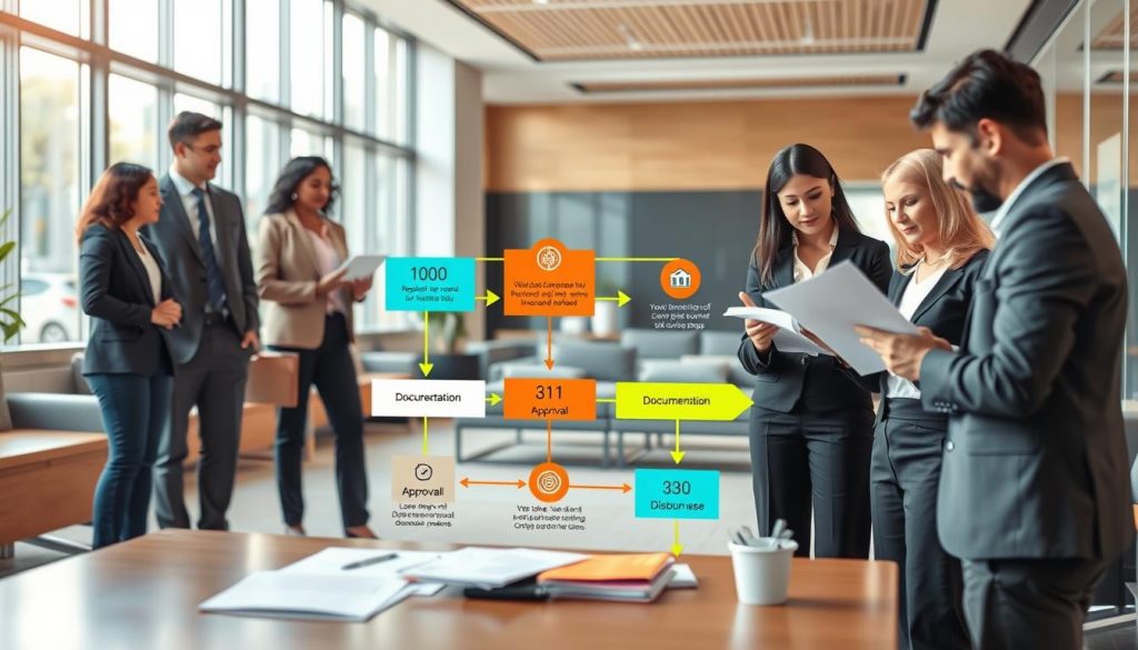 A detailed illustration of a loan processing flowchart, depicting the steps involved in a loan application through a loan broker service. In the foreground, include diverse, professional individuals dressed in business attire, collaboratively discussing documents. The middle layer should feature a clear and organized flowchart with arrows and icons representing each stage: application, documentation, approval, and disbursement, all rendered with vibrant, contrasting colors to enhance clarity. The background should be an office setting with sleek furniture, soft natural lighting filtering through large windows, creating a calm and informative atmosphere. The perspective should be slightly elevated, providing a clear view of the flowchart and the professionals engaging with it. A detailed illustration of a loan processing flowchart, depicting the steps involved in a loan application through a loan broker service. In the foreground, include diverse, professional individuals dressed in business attire, collaboratively discussing documents. The middle layer should feature a clear and organized flowchart with arrows and icons representing each stage: application, documentation, approval, and disbursement, all rendered with vibrant, contrasting colors to enhance clarity. The background should be an office setting with sleek furniture, soft natural lighting filtering through large windows, creating a calm and informative atmosphere. The perspective should be slightly elevated, providing a clear view of the flowchart and the professionals engaging with it.