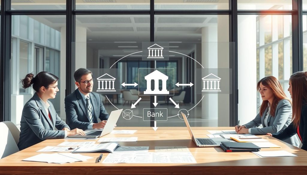 A detailed illustration of the operational logic of bank loans, featuring a professional setting. In the foreground, a diverse group of business professionals in business attire engaged in discussions around a large table with financial documents and a laptop. In the middle, a transparent diagram showing the flow of money, with arrows connecting banks, borrowers, and intermediaries to depict the loan process. The background features a modern bank office environment with large windows allowing natural light to illuminate the scene, creating a bright and optimistic mood. The image should have a realistic style with a slightly soft focus to convey professionalism and clarity in the financial concepts being discussed. A detailed illustration of the operational logic of bank loans, featuring a professional setting. In the foreground, a diverse group of business professionals in business attire engaged in discussions around a large table with financial documents and a laptop. In the middle, a transparent diagram showing the flow of money, with arrows connecting banks, borrowers, and intermediaries to depict the loan process. The background features a modern bank office environment with large windows allowing natural light to illuminate the scene, creating a bright and optimistic mood. The image should have a realistic style with a slightly soft focus to convey professionalism and clarity in the financial concepts being discussed.