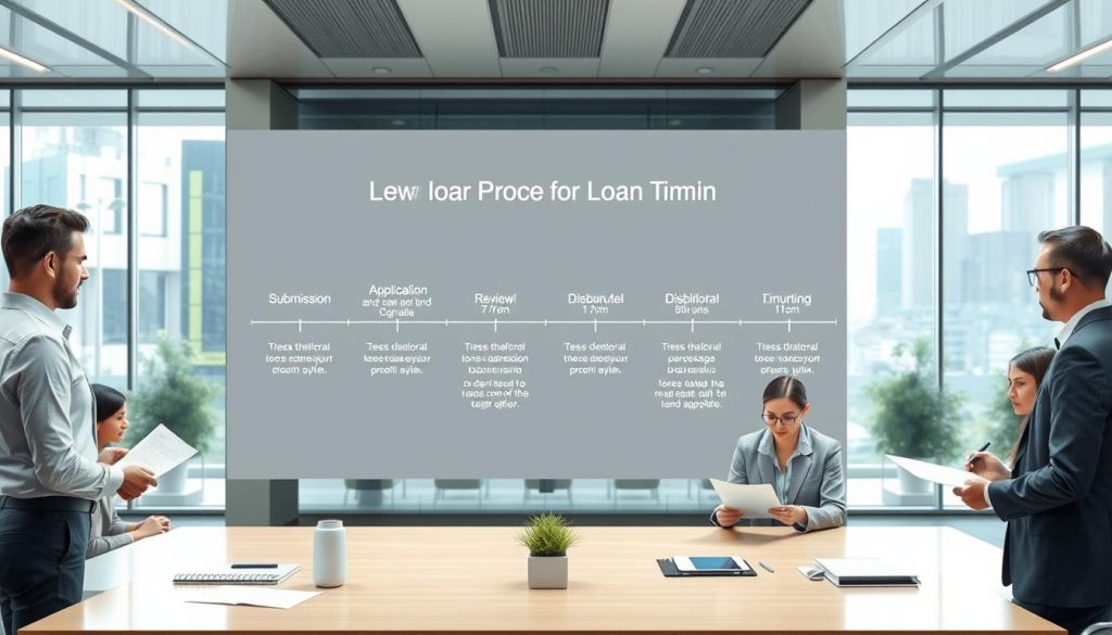 A detailed illustration of the timeline for loan processing, visually representing the stages from application submission to fund disbursement. In the foreground, a professional setting with a diverse team of bank employees dressed in formal business attire, analyzing documents and discussing the timeline. The middle ground features a large whiteboard or digital screen displaying a clear flowchart outlining each stage: submission, review, approval, and disbursement, accompanied by corresponding timeframes. The background consists of a modern bank office with large windows allowing natural light to filter through, creating a bright and focused atmosphere. The image should convey a sense of professionalism, efficiency, and clarity, inviting readers to understand the loan processing timeline seamlessly.