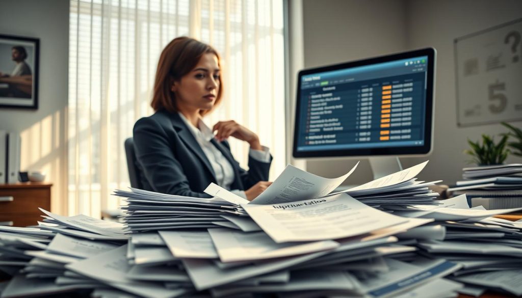 A detailed office setting depicting a professional woman in business attire, sitting at a desk overwhelmed by paperwork. The foreground shows a disorganized pile of loan application documents, with highlighted sections indicating missing information. In the background, a large window filters soft, natural light into the room, casting gentle shadows that create a serious but hopeful atmosphere. The woman, appearing thoughtful and concerned, is glancing at a computer screen displaying loan application statuses. Ambient lighting enhances the professional mood, emphasizing the gravity of the document situation. The image visually captures the tension and complexity of the loan application process, illustrating the challenges associated with missing documents.
