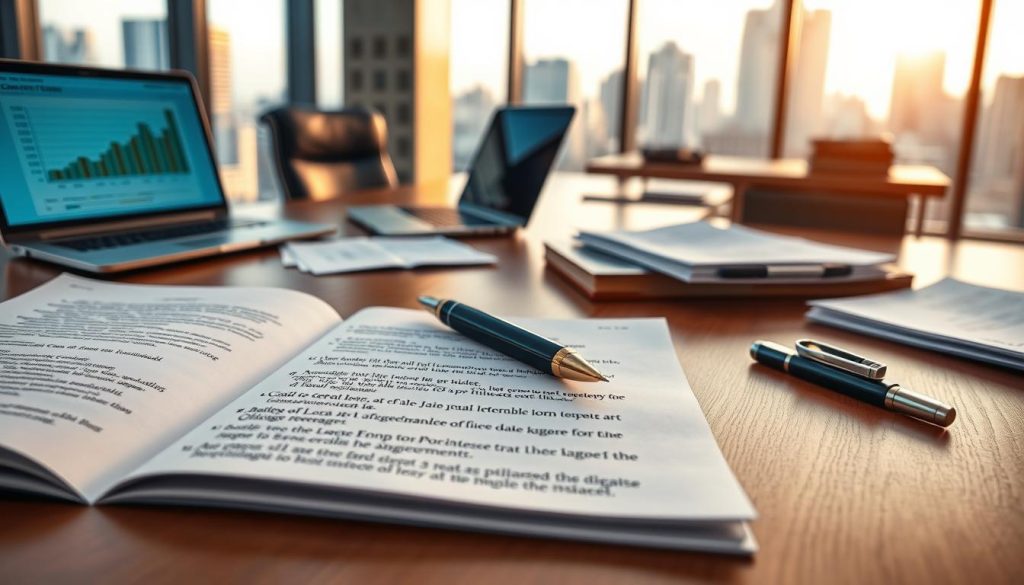 A detailed, professional setting illustrating a contract term overview. In the foreground, an open legal document with clearly defined clauses related to loan interest rates, binding agreements, penalties for default, and bundled insurance options. An elegant pen rests beside the document, suggesting preparation for signing. In the middle ground, a modern office with a polished wooden desk, a laptop displaying financial graphs, and thoughtful paperwork scattered around. In the background, large windows reveal a city skyline under soft afternoon light, creating a warm and inviting atmosphere. The overall mood is one of seriousness and professionalism, emphasizing the importance of understanding contract terms before making financial commitments.