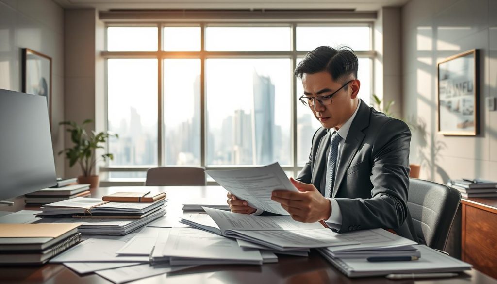 A detailed scene depicting a professional business office in Taiwan, emphasizing a desk covered with official documents, tax records, and financial statements. In the foreground, a focused individual in business attire analyzes tax files, showing a mixture of concern and realization. In the middle, a large window offers a view of the bustling cityscape, symbolizing financial institutions and loan opportunities outside. Soft, natural light streams in, creating a warm atmosphere, while shadows from the office furniture add depth. The background features modern office decor, promoting a sense of professionalism and serious financial discussion. The overall mood conveys urgency and the importance of financial records in the loan application process.