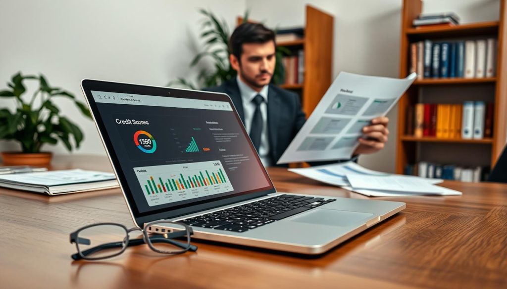 A detailed scene depicting a professional workspace focused on credit scores and credit records. In the foreground, a sleek wooden desk with a laptop open to a financial dashboard displaying a credit score and a visual representation of credit history. A pair of reading glasses is positioned beside the laptop. In the middle ground, a person in professional business attire, with a focused expression, is engaged in reviewing documents related to credit history and loan applications. The background features a bookshelf filled with finance-related books and a plant for a touch of greenery. Soft, warm lighting enhances the atmosphere, creating a sense of seriousness and clarity. The composition should evoke a mood of professionalism and diligence, capturing the essence of self-assessment and optimization of credit scores.
