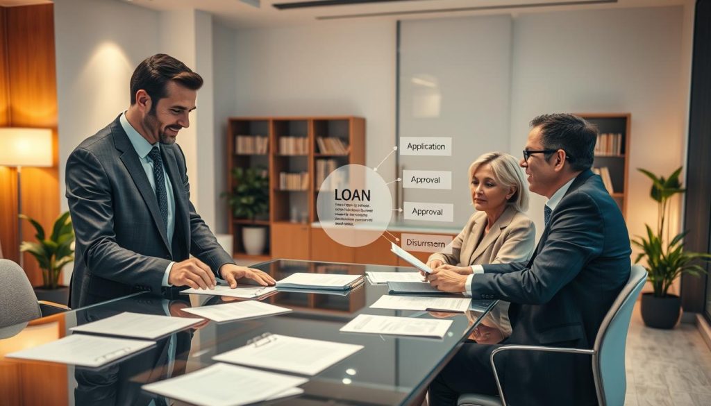A detailed scene depicting the steps involved in the loan application process managed by a loan agency. In the foreground, a professional-looking consultant in business attire, expertly guiding a middle-aged couple who are seated at a sleek glass desk filled with loan documents. The middle ground features an interactive display chart outlining the loan process steps, illustrating 'application', 'assessment', 'approval', and 'disbursement.' In the background, warm lighting creates an inviting atmosphere in an elegant office setting, accented by potted plants and bookshelves. The angle captures the office environment from a slight overhead view, emphasizing collaboration and guidance. The overall mood is supportive and informative, showcasing transparency and professionalism without any distractions or text elements.