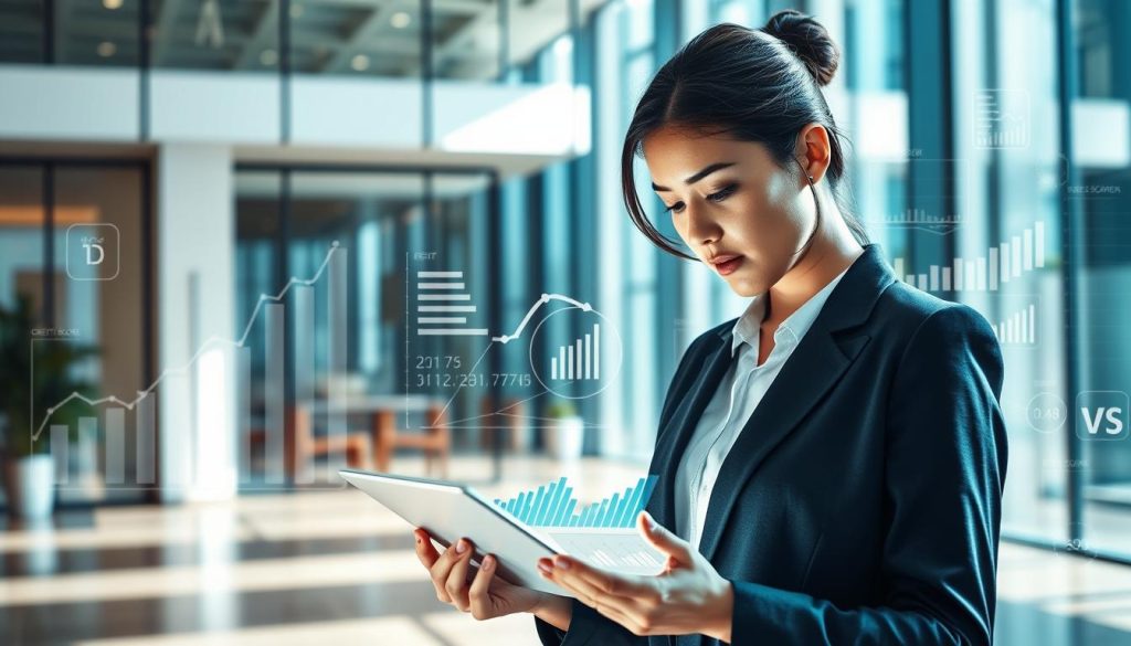 A detailed scene illustrating the concept of "信用評分" (credit score). In the foreground, a professional businesswoman in formal attire is analyzing a digital tablet displaying credit-related graphs and analytics, her facial expression reflecting concentration. In the middle ground, a sleek modern office environment with large windows that let in natural light, enhancing the atmosphere of professionalism and diligence. The background features abstract representations of credit scores and financial indicators, such as charts and numbers, subtly integrated into a sophisticated office design. The lighting is bright and focused, casting soft shadows, creating an inviting yet serious mood. Emphasize a sense of trust and accountability in financial decision-making. A detailed scene illustrating the concept of "信用評分" (credit score). In the foreground, a professional businesswoman in formal attire is analyzing a digital tablet displaying credit-related graphs and analytics, her facial expression reflecting concentration. In the middle ground, a sleek modern office environment with large windows that let in natural light, enhancing the atmosphere of professionalism and diligence. The background features abstract representations of credit scores and financial indicators, such as charts and numbers, subtly integrated into a sophisticated office design. The lighting is bright and focused, casting soft shadows, creating an inviting yet serious mood. Emphasize a sense of trust and accountability in financial decision-making.