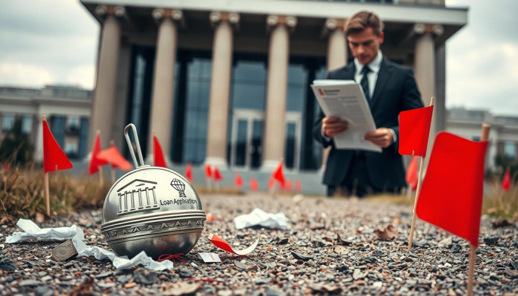 A detailed scene illustrating the concept of "申貸地雷" related to bank loan applications. In the foreground, a shiny, intricately designed landmine shaped like a bank symbol sits on a well-trodden path, surrounded by crumpled paperwork and red warning flags. In the middle ground, a concerned individual in professional attire looks down with an expression of realization, holding a document labeled 'Loan Application'. The background features a blurred bank facade, with tall columns and a modern design, symbolizing financial institutions. The scene is bathed in soft, diffused lighting, with a slightly overcast sky that adds to the tension of the situation. The overall mood conveys caution and awareness, highlighting the potential pitfalls in applying for bank loans.