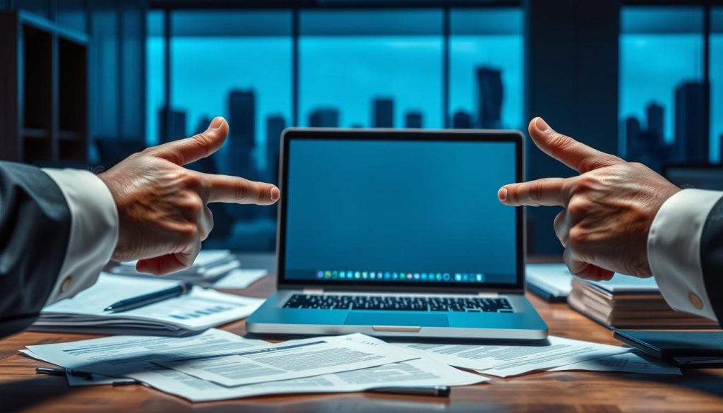 A dimly lit office environment with a desk cluttered with confidential documents and a laptop screen displaying an alert about data breaches. In the foreground, a pair of hands, wearing professional business attire, are anxiously pointing at the screen, emphasizing a sense of urgency and concern. In the middle, an office chair is turned away, symbolizing the absence of security and the hidden dangers of data misuse. The background reveals blurred silhouettes of office buildings, representing a corporate world susceptible to data leaks. Soft, eerie blue lighting casts shadows, enhancing the atmosphere of risk and caution. The overall mood should be tense and alert, reflecting the seriousness of personal data leakage and improper collection risks.