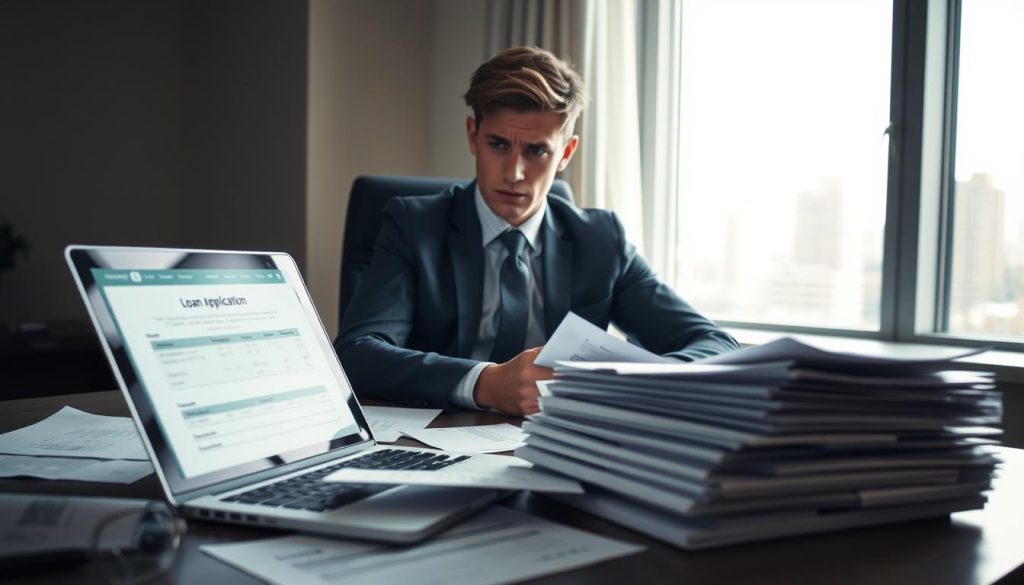 A dimly lit office space with a concerned young professional seated at a desk, reviewing a stack of incomplete financial documents. The foreground features an open laptop displaying a loan application form, with papers scattered around, including pay stubs and a bank statement. In the middle, the individual, dressed in smart business attire, appears troubled, looking at the documents with a furrowed brow, projecting anxiety over unstable income. The background shows a window with a subtle city skyline, hinting at the corporate setting. Soft, natural light filters in, casting gentle shadows across the room, creating a somber, contemplative atmosphere that reflects the stress of financial uncertainty and insufficient proof of income.