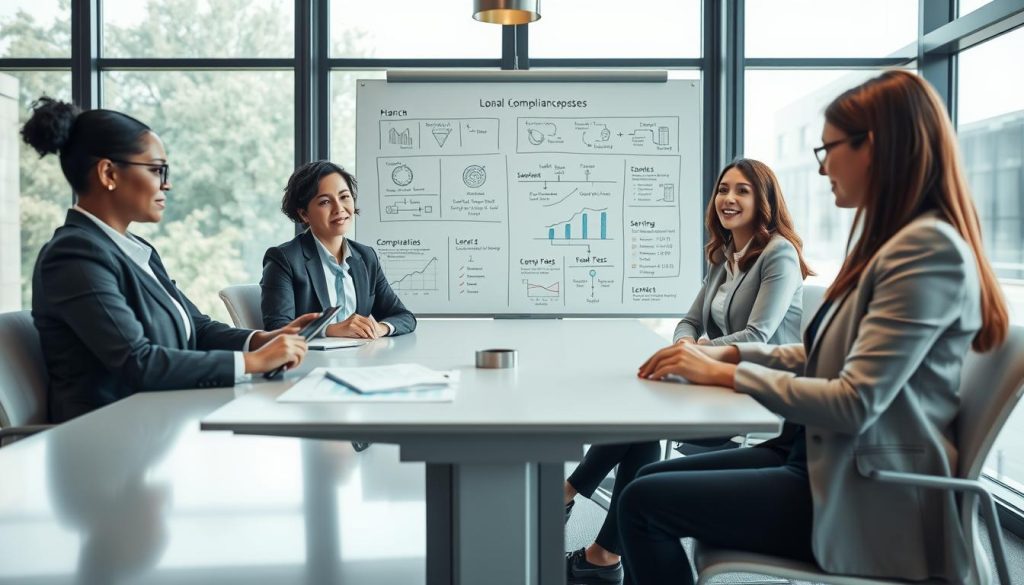 A dynamic and professional office scene illustrating the compliance review of loan purposes and fund flows. In the foreground, a diverse group of three business professionals in smart attire are seated around a sleek, modern conference table, analyzing financial charts and graphs displayed on a tablet. The middle of the image features a large whiteboard with complex diagrams and flowcharts representing fund allocation and compliance checks, all depicted in clear, bold colors. In the background, large windows allow natural light to flood the room, illuminating the space and creating a focused atmosphere. The overall mood conveys diligence and professionalism, with a soft depth of field to emphasize the subjects. A dynamic and professional office scene illustrating the compliance review of loan purposes and fund flows. In the foreground, a diverse group of three business professionals in smart attire are seated around a sleek, modern conference table, analyzing financial charts and graphs displayed on a tablet. The middle of the image features a large whiteboard with complex diagrams and flowcharts representing fund allocation and compliance checks, all depicted in clear, bold colors. In the background, large windows allow natural light to flood the room, illuminating the space and creating a focused atmosphere. The overall mood conveys diligence and professionalism, with a soft depth of field to emphasize the subjects.