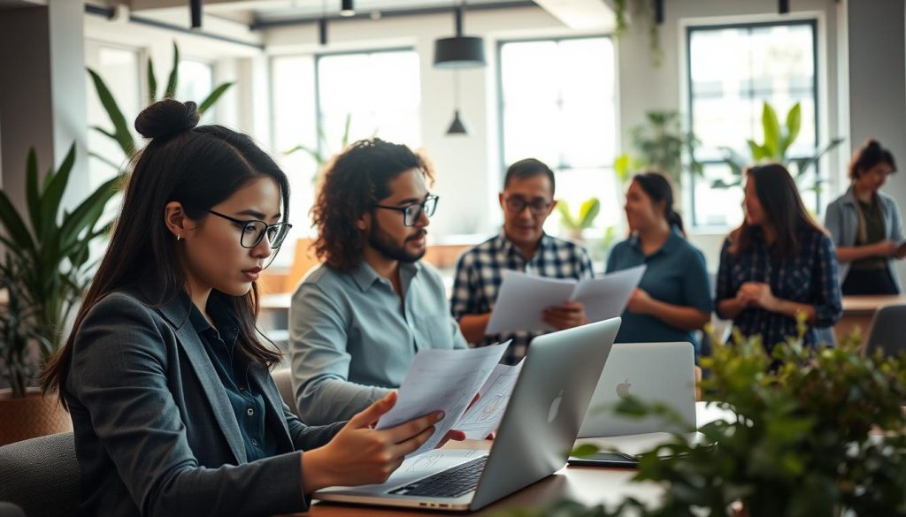 A dynamic scene depicting a group of diverse freelance professionals in a modern coworking space, collaborating on various projects. In the foreground, a young woman in smart casual attire is focused on her laptop, surrounded by design sketches and notes. In the middle ground, a man with glasses discusses ideas animatedly with a colleague, both engaged in a brainstorming session, capturing a sense of teamwork. The background features a bright, open space with greenery and contemporary decor, illuminated by soft natural light streaming through large windows, creating an inviting atmosphere. A subtle sense of urgency and creativity permeates the scene, emphasizing the entrepreneurial spirit of freelance work. The composition should be well-framed, highlighting the interaction and energy among the professionals.