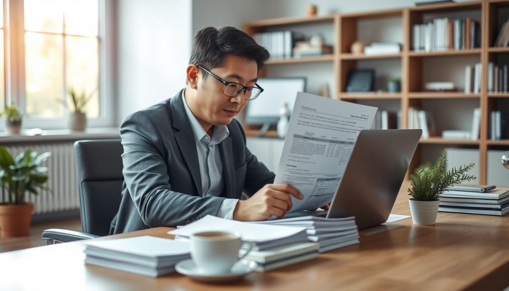 A focused and professional scene depicting a person sitting at a modern desk, intently reviewing credit report documents on a laptop. The foreground features the individual, a middle-aged Asian man in smart casual attire, with a look of concentration as he studies the screen. The middle ground includes neatly stacked paperwork, a cup of coffee, and a small desk plant, suggesting a work environment. The background shows a well-organized home office with bookshelves and a soft, warm light filtering in through a nearby window, creating a welcoming atmosphere. The overall mood is one of diligence and determination, emphasizing the importance of checking credit records before applying for a loan again. A focused and professional scene depicting a person sitting at a modern desk, intently reviewing credit report documents on a laptop. The foreground features the individual, a middle-aged Asian man in smart casual attire, with a look of concentration as he studies the screen. The middle ground includes neatly stacked paperwork, a cup of coffee, and a small desk plant, suggesting a work environment. The background shows a well-organized home office with bookshelves and a soft, warm light filtering in through a nearby window, creating a welcoming atmosphere. The overall mood is one of diligence and determination, emphasizing the importance of checking credit records before applying for a loan again.